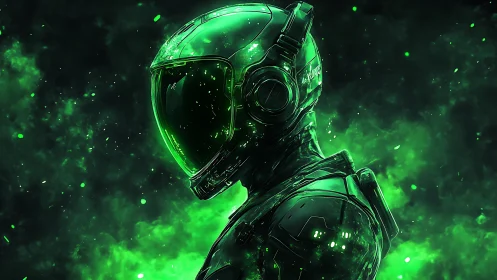 Profile view of green armored astronaut in glowing nebula.