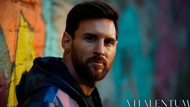 Bearded man portrait against colorful urban graffiti wall.