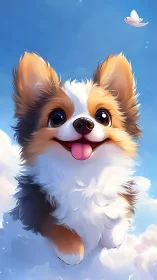 Puppy joy in the clouds with a fluttering sky-white friend.