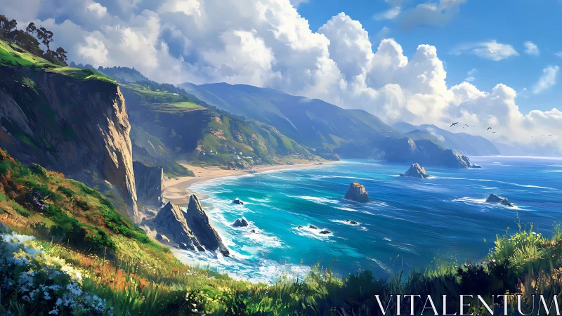 Coastal headland panorama with stratified cliffs and luminous surf