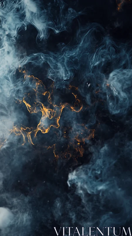 Gold embers swirl through deep blue cinematic smoke field.