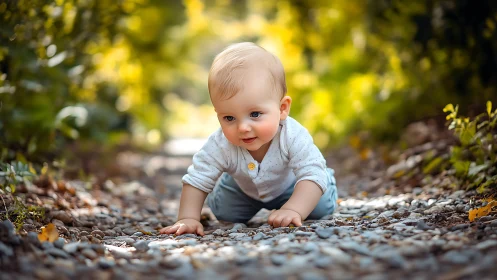Toddler crawling on gravel ground in natural outdoor environment
