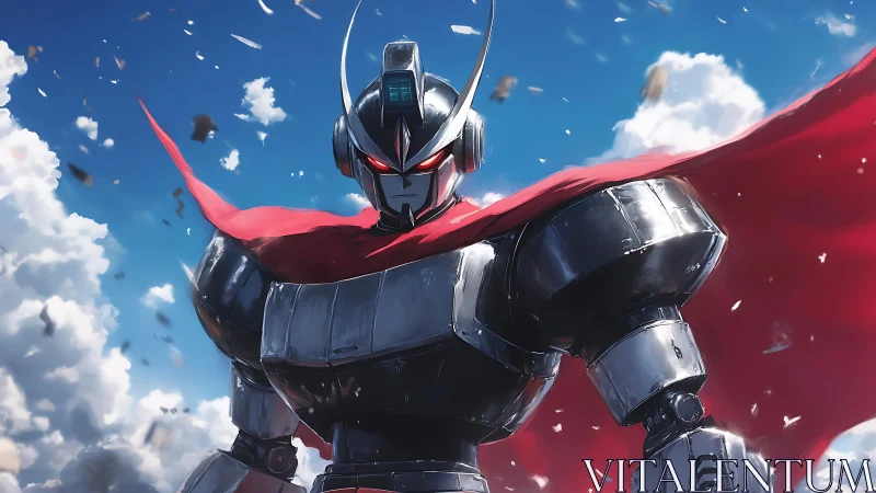 Giant armored robot with red cape under bright sky.