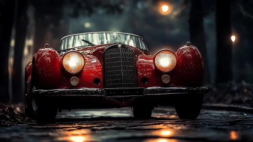 Vintage red Mercedes glows on a wet forest road at dusk