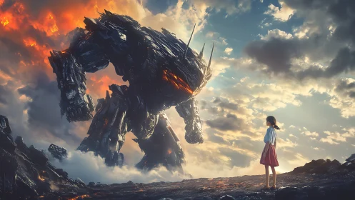 Girl confronts towering lava mech under a blazing storm sky