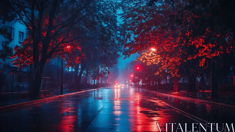 Rainy city street under red and blue neon lights at night.