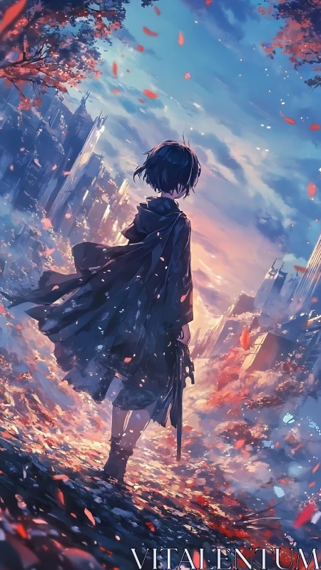 Solitary cloaked figure surveys a luminous post-urban horizon