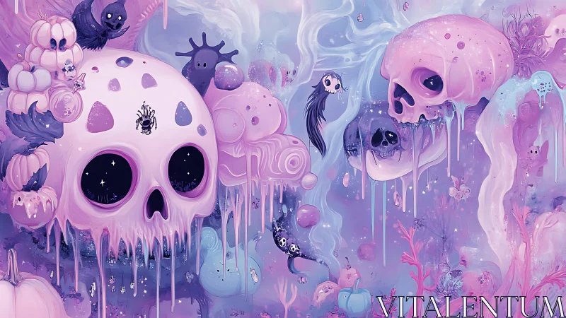 Skull motifs in pastel fantasy landscape with melting forms.