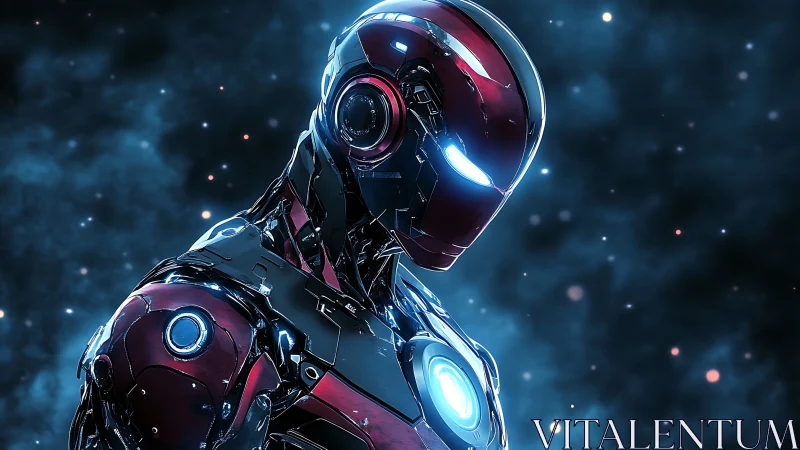 Humanoid armored robot rendered against a diffuse starfield background