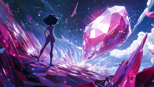 Stargazer girl meets a rising crystal heart of the sky.