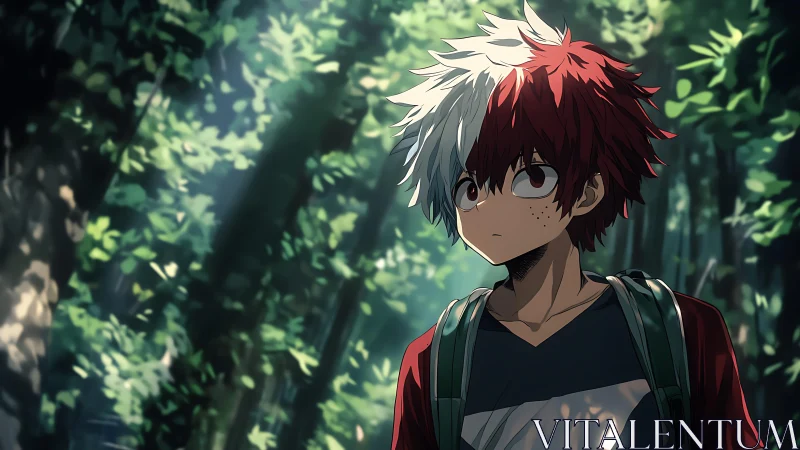 Curious red and white haired teen explores a sunlit forest path