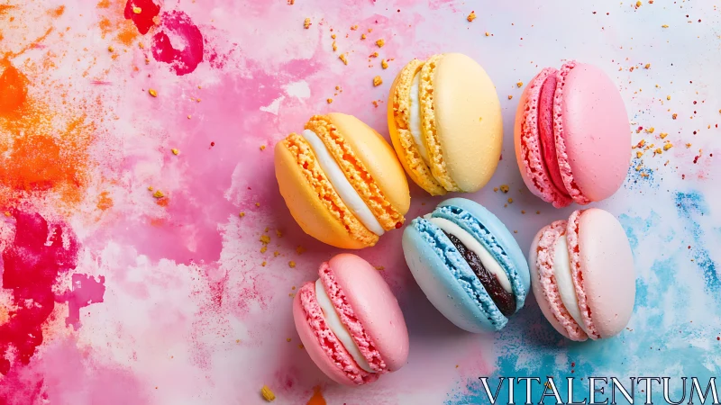 Colorful French macarons rest on vivid pastel paint background