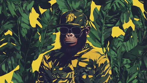 Chimp in camouflage clothing amid stylized foliage backdrop.