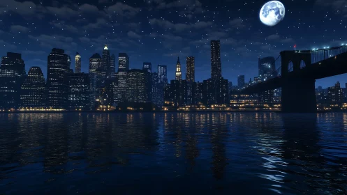 Moonlit city skyline glows gently above calm harbor water
