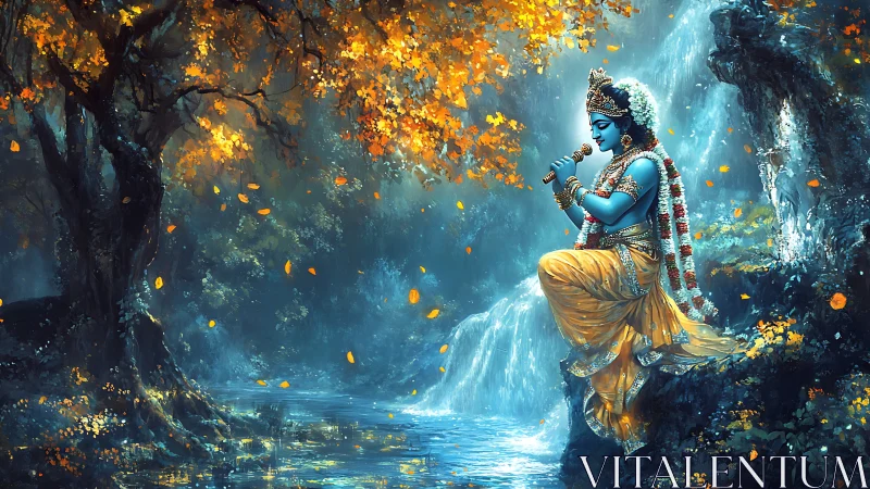 Blue-skinned figure plays flute beside waterfall in forest