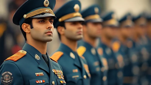 Proud young officer standing tall in a solemn military parade.