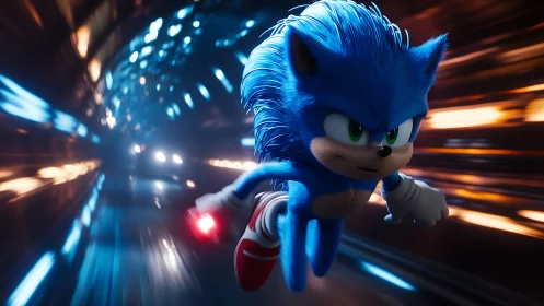 Blue speed hero sprints through neon tunnel with motion blur.