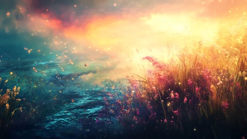 Dreamlit riverbank blooms beneath a spellbound sky.