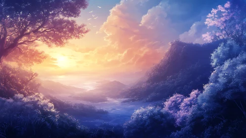 Radiant fantasy sunrise bathes a tranquil misty valley in light