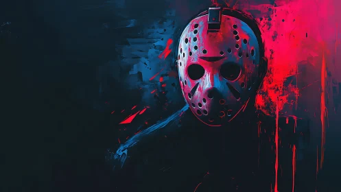 Hockey mask killer in neon red and blue digital portrait.