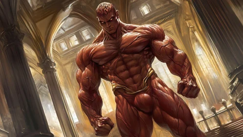 Muscular humanoid figure stands inside grand stone hall
