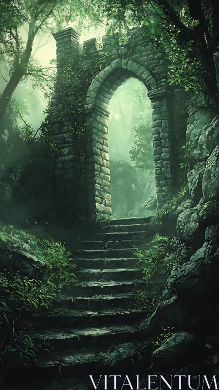 Stone forest archway above mossy steps in soft light.