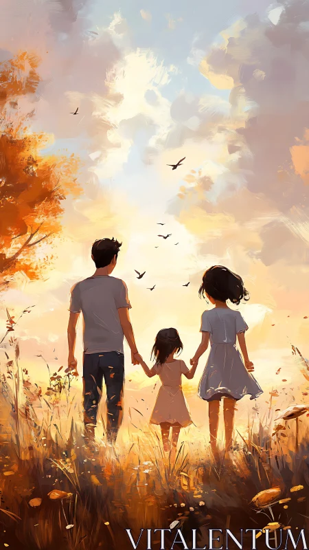 Digital painting of family silhouettes in autumn backlight field.