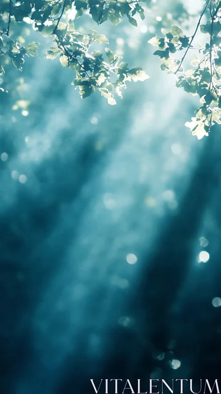Sunlit leaves cut cool teal beams through forest haze.