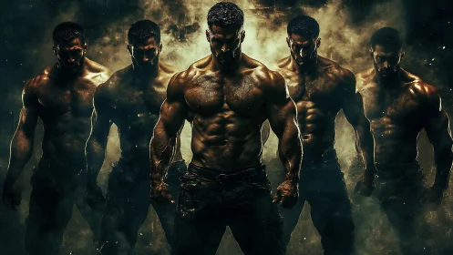 Powerful muscular men emerge from smoky cinematic shadows