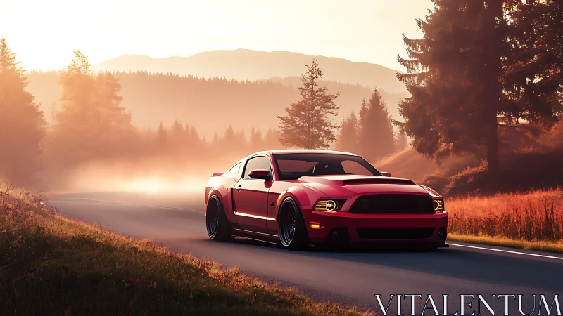 Red sports car on misty forest road at warm sunrise.
