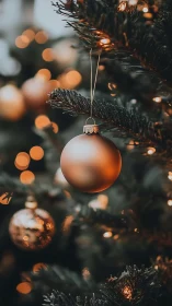 Copper ornament glows amid deep green Christmas branches.