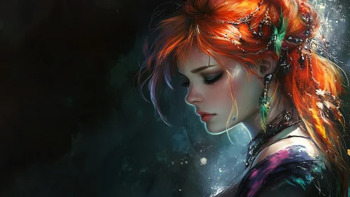 Firelit muse bows her gaze beneath drifting ocean light