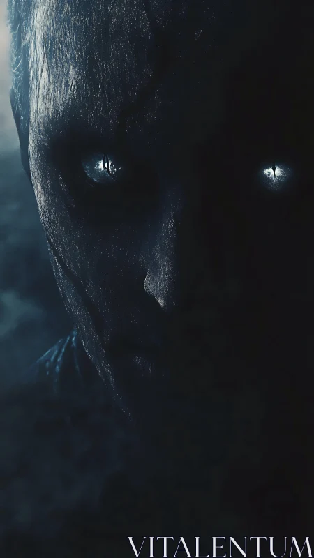 Close portrait shows dimly lit cracked face with glowing eyes