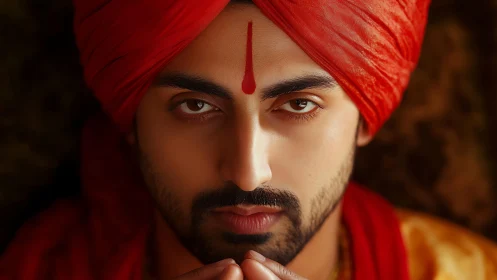 Man in red turban stares directly at camera with calm focus