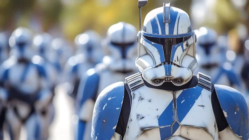Blue-armored sci-fi troopers march in sunlit formation.