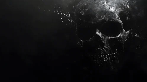 Monochrome skeletal portrait emerges from deep negative space