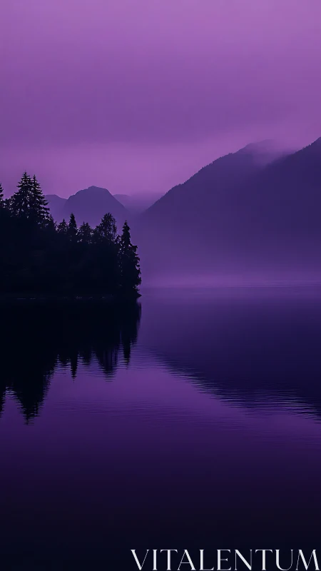 Monochrome violet lakeside with mist-layered mountain silhouettes.