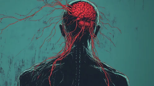 Neural pathways erupt from exposed brain in stylized rear view