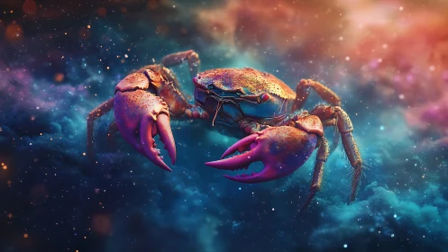 Luminous cosmic crab drifts through vibrant nebula clouds