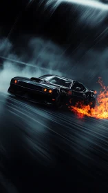 Black sports car drifts in rain with flaming rear tires