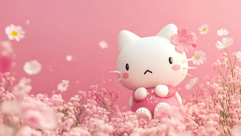 Pastel kitten figurine amid dreamy pink flower field.