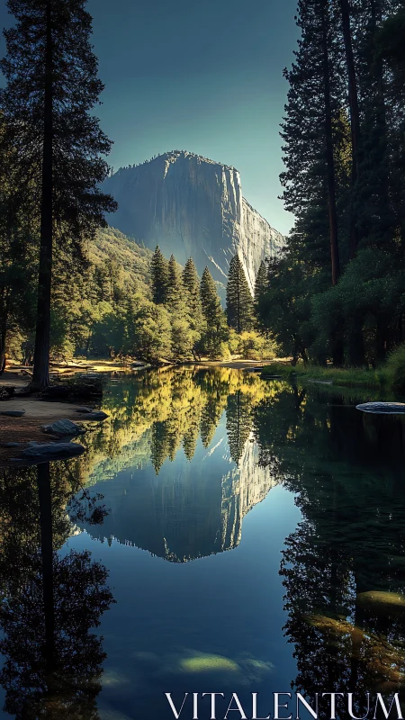 Steep granite cliff over river with clear mirror reflection.