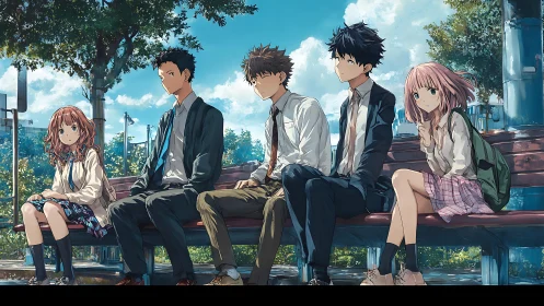 High school students on park bench in detailed anime scene.