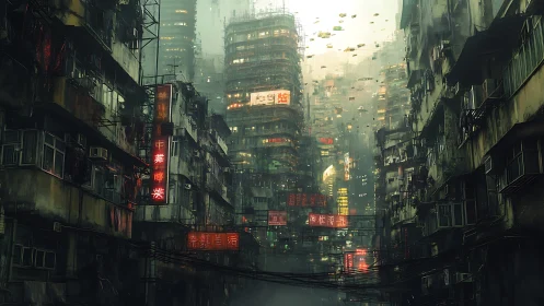 Cyberpunk vertical slum canyon with neon data arteries.