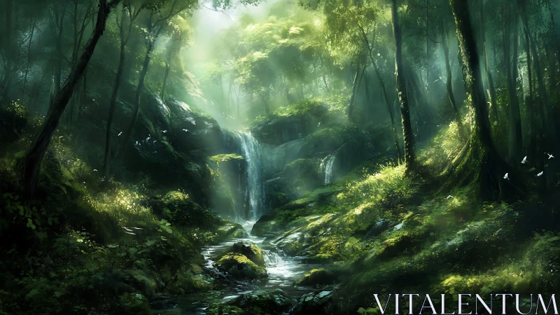 Ethereal Forest Waterfall: Cascading Stream in Mystical Woodland Setting.
