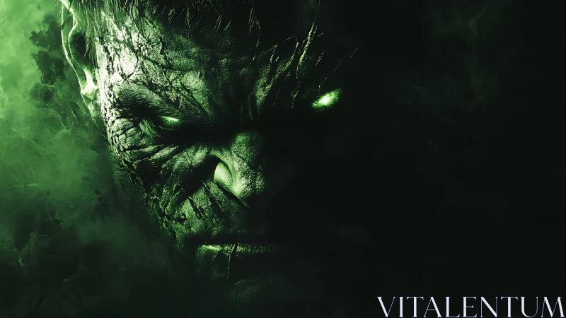 Monochromatic green male face rendered with high contrast lighting and cracked stone texture