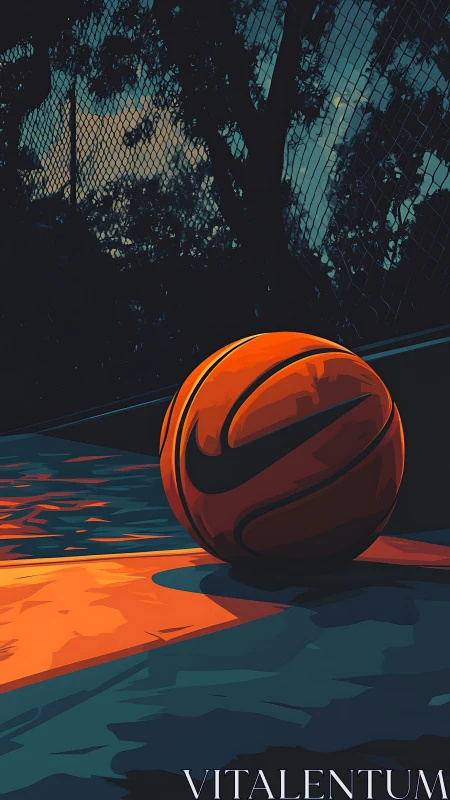 Lone basketball on neon court at dusk in stylized colors.