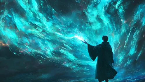 Solitary mage commands a swirling cosmic turquoise storm