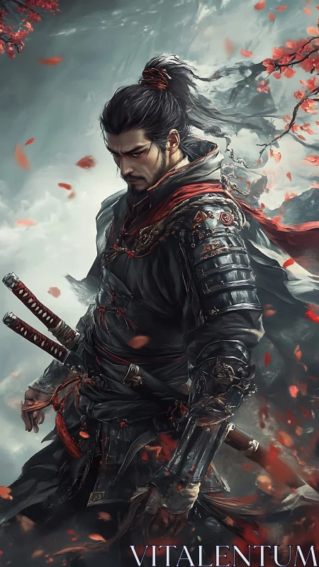 Storm-kissed samurai stands calm among swirling red leaves