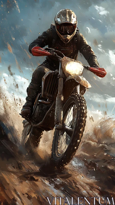Off-road motorcyclist riding through wet muddy terrain.
